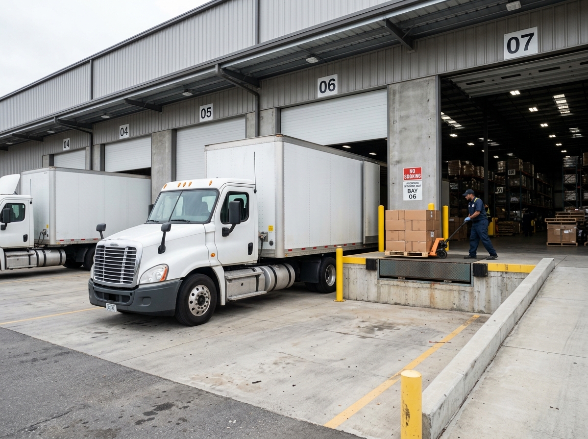 Professional freight truck at a commercial loading dock facility