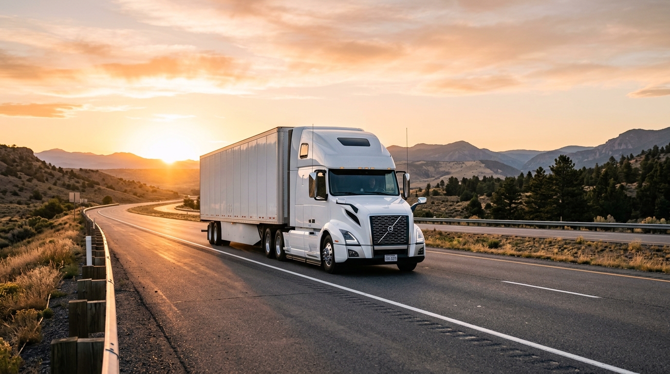 Modern semi-truck traveling on an open American highway at golden hour